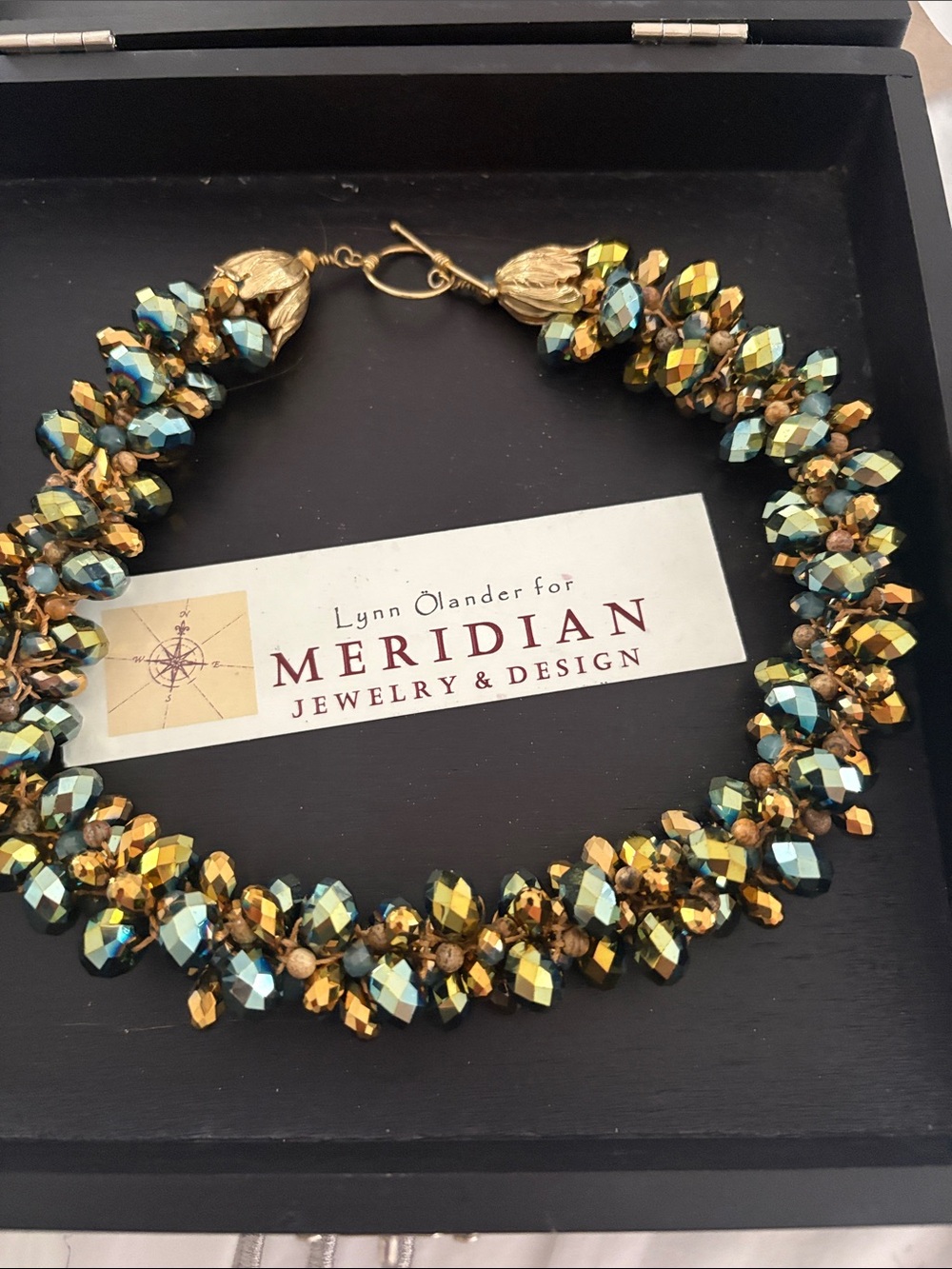 Meridian Gold & Teal Crystal Cluster Necklace handmade by Lynn Olander